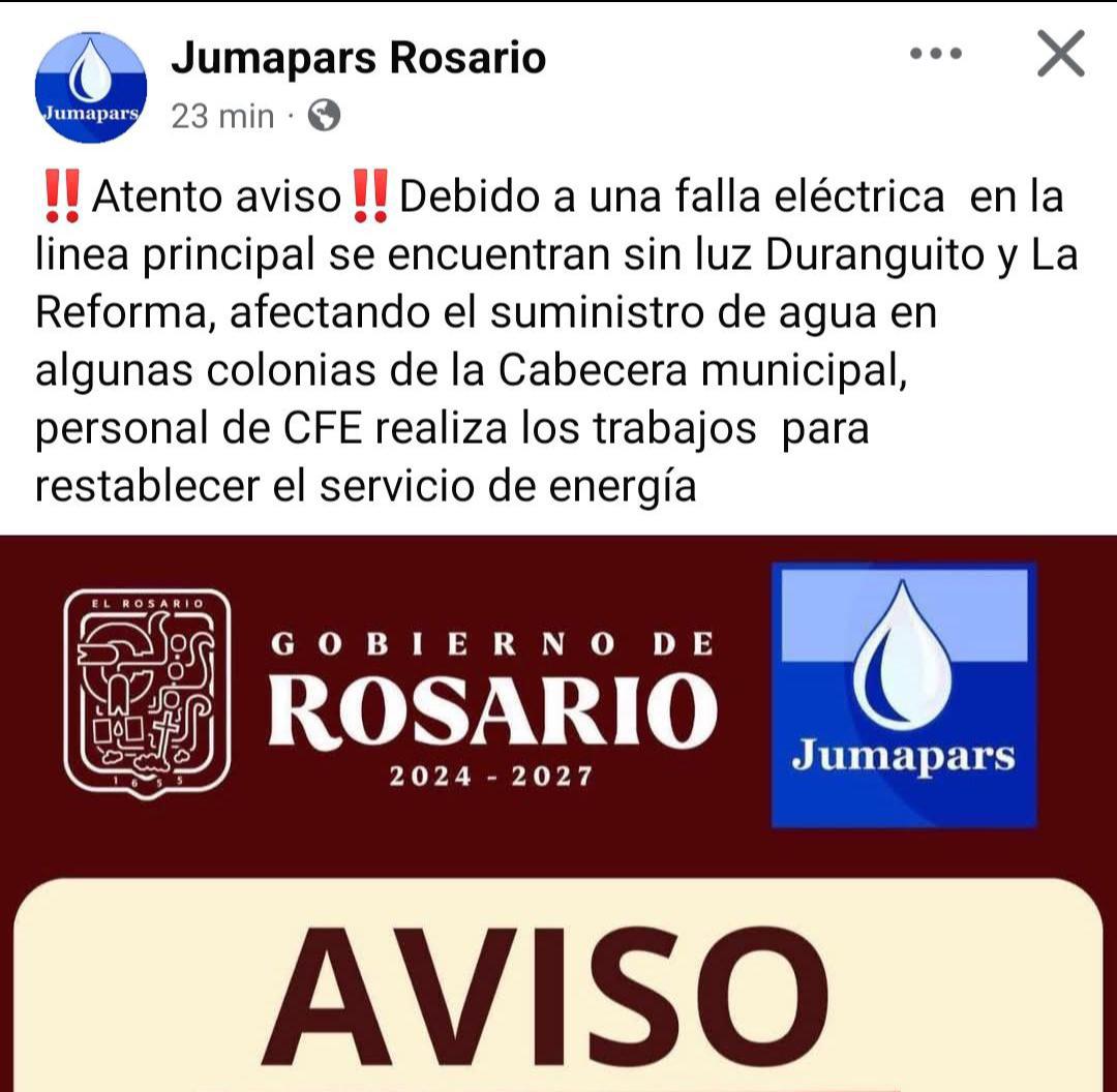 $!Falla eléctrica deja sin agua a colonias de El Rosario