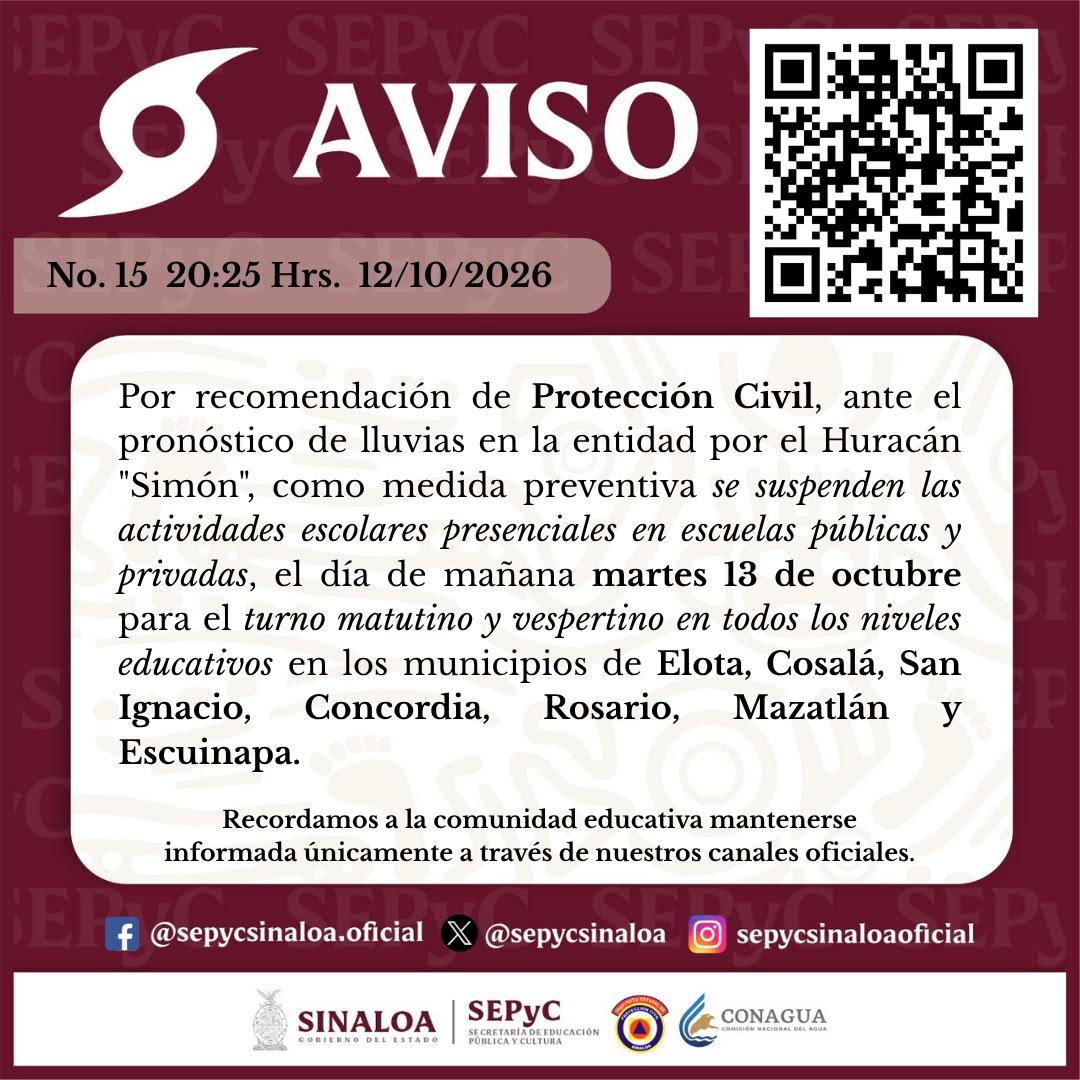 $!SEPyC mantiene suspensión de clases en siete municipios del sur de Sinaloa