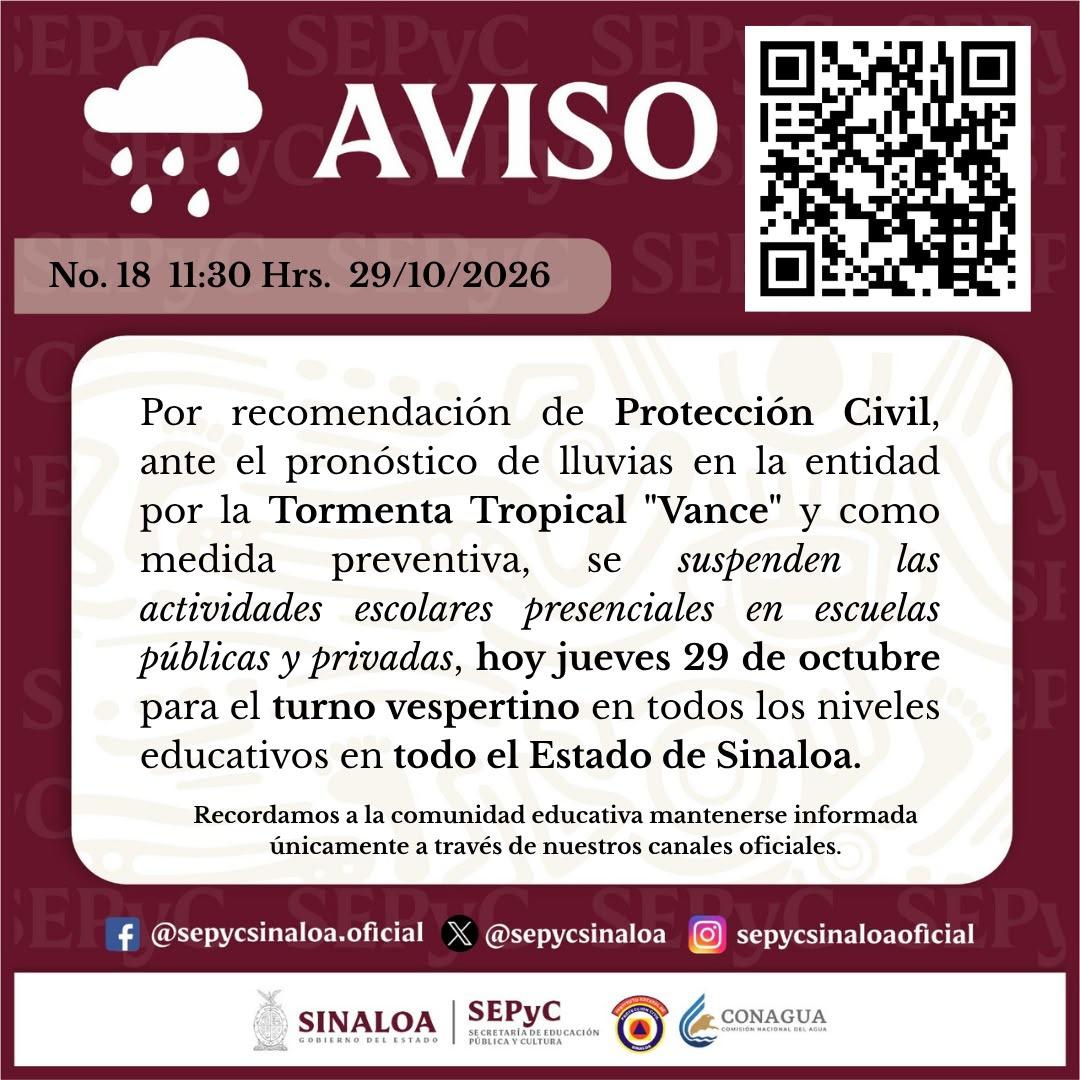 $!Suspenden clases en turno vespertino en todo Sinaloa por lluvias de tormenta tropical Vance