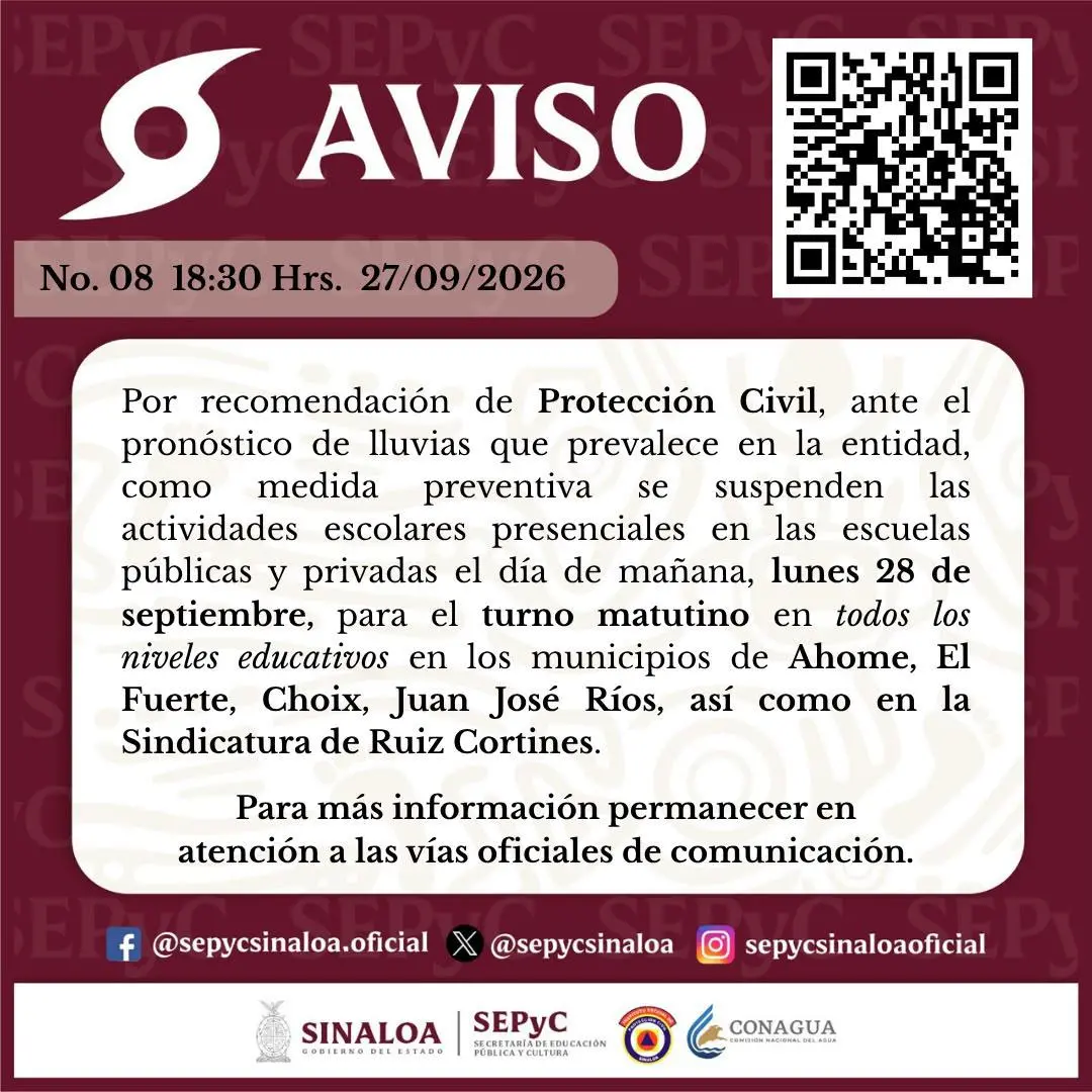 $!Por lluvias, SEPyC Sinaloa suspende clases este lunes 28 de septiembre en el norte del estado