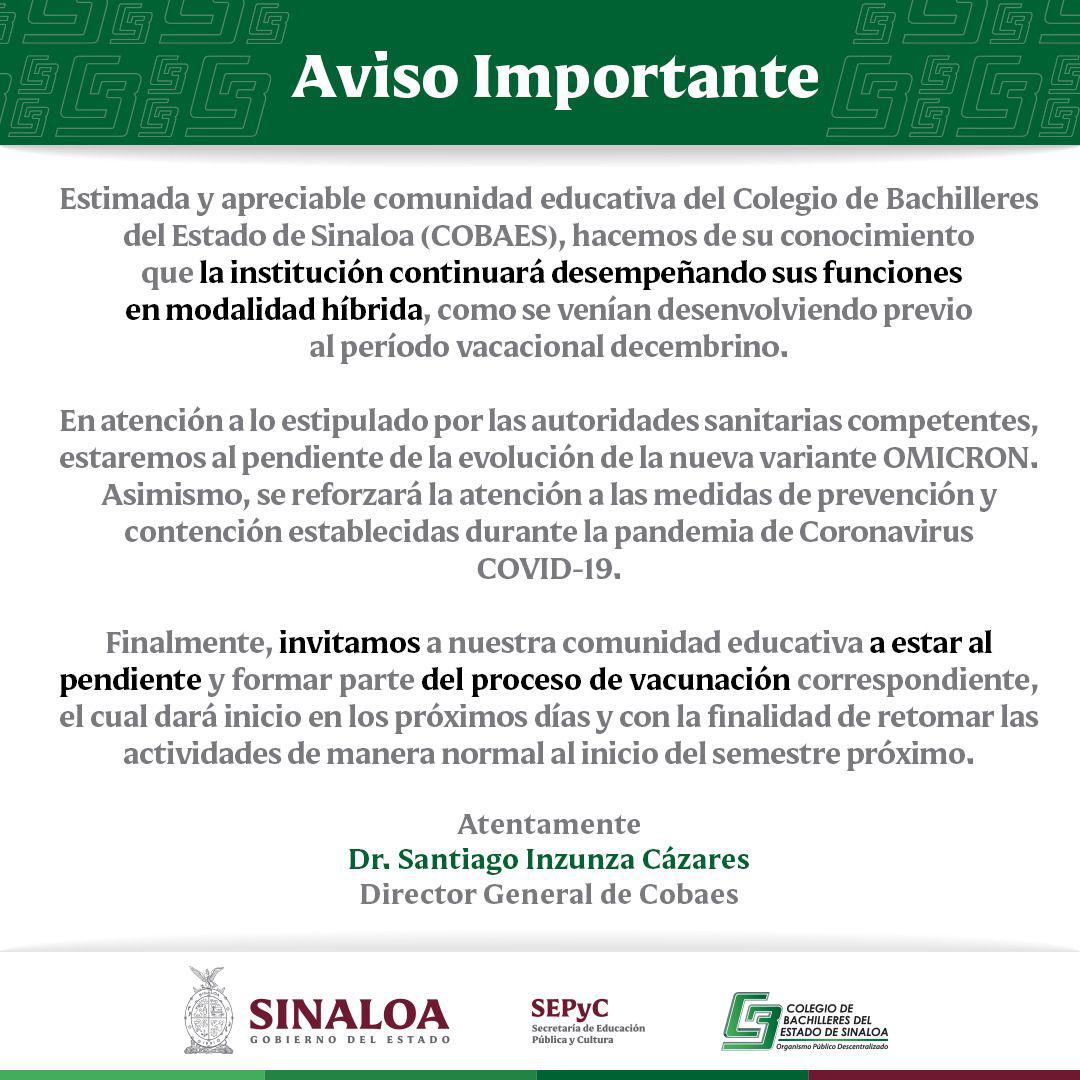 $!Ante variante Ómicron de Covid, Cobaes mantendrá clases en esquema híbrido