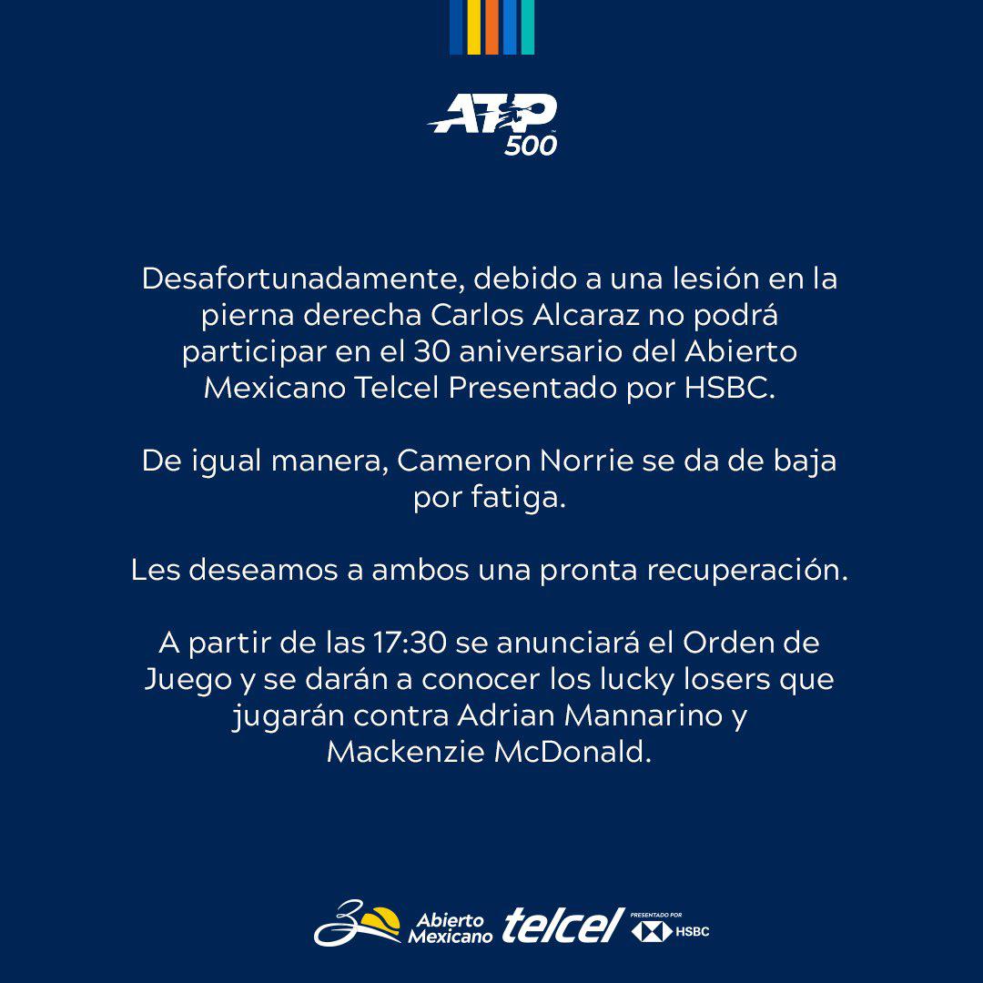 $!Carlos Alcaraz, lesionado, causa baja del Abierto Mexicano de tenis