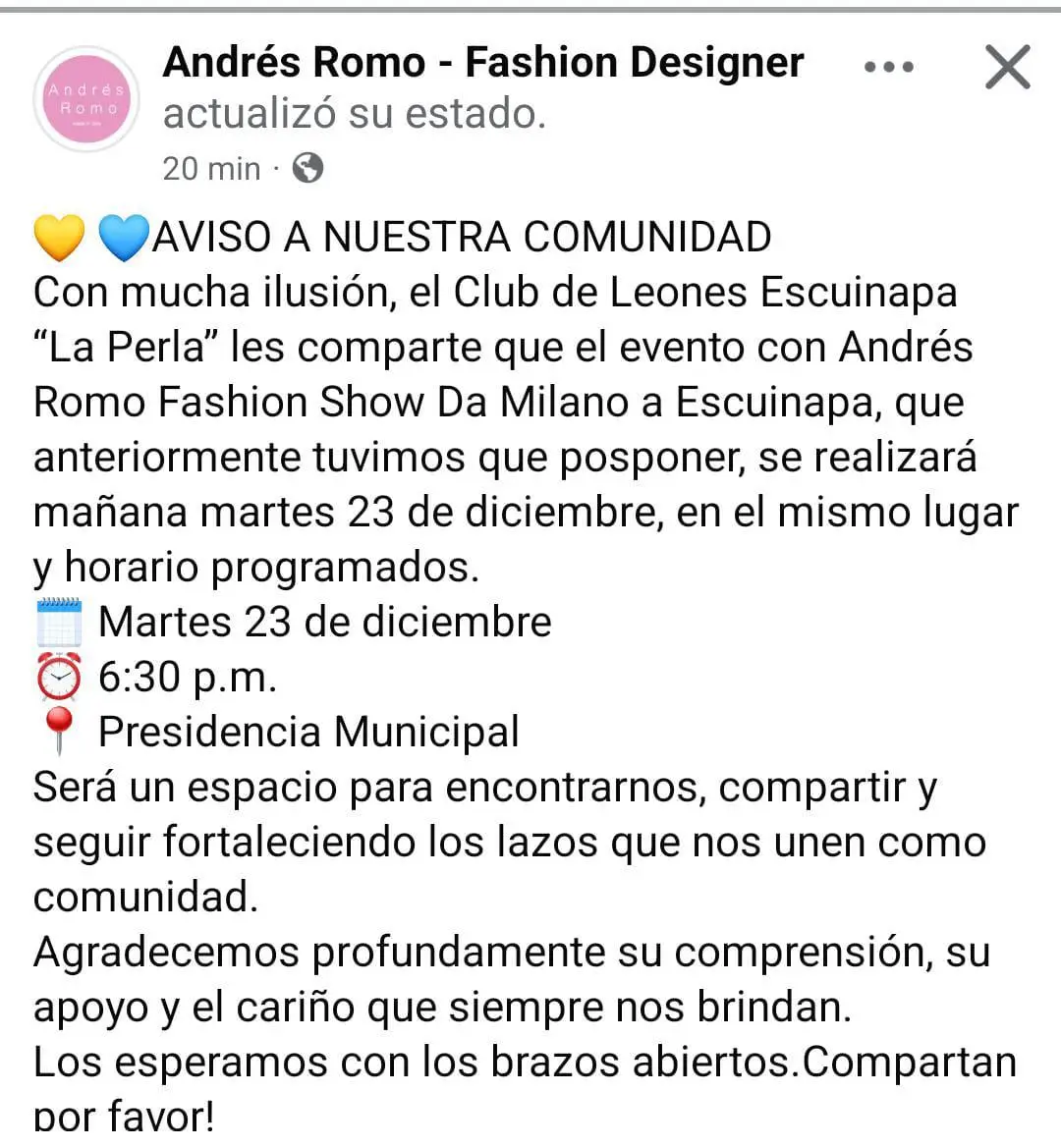 $!Andrés Romo anuncia en redes sociales que este martes 23 será su desfile de modas en Escuinapa