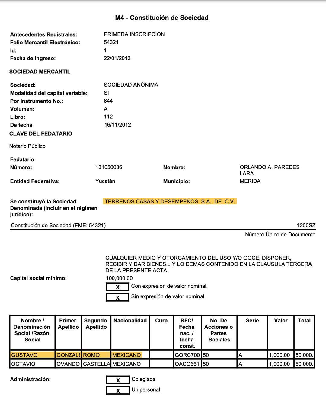 $!Actas en las que aparece Gustavo Gonzalez Romo como accionista de las empresas “Terrenos, Casas y Desempeños” y “Distribuidora Comercial y Servicios DCSE SA de CV”.