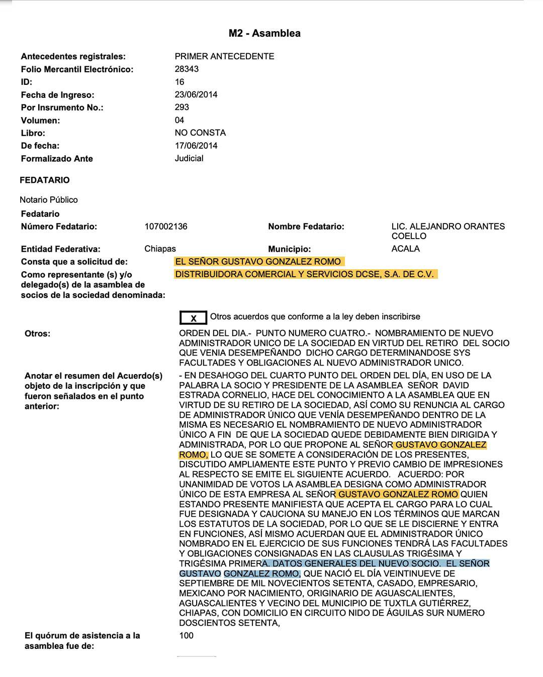 $!Actas en las que aparece Gustavo Gonzalez Romo como accionista de las empresas “Terrenos, Casas y Desempeños” y “Distribuidora Comercial y Servicios DCSE SA de CV”.