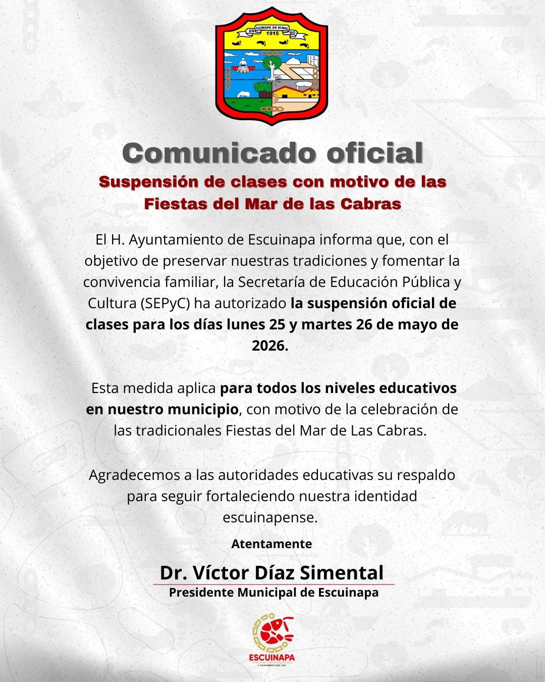 $!Suspenderán clases en Escuinapa por las Fiestas del Mar de Las Cabras