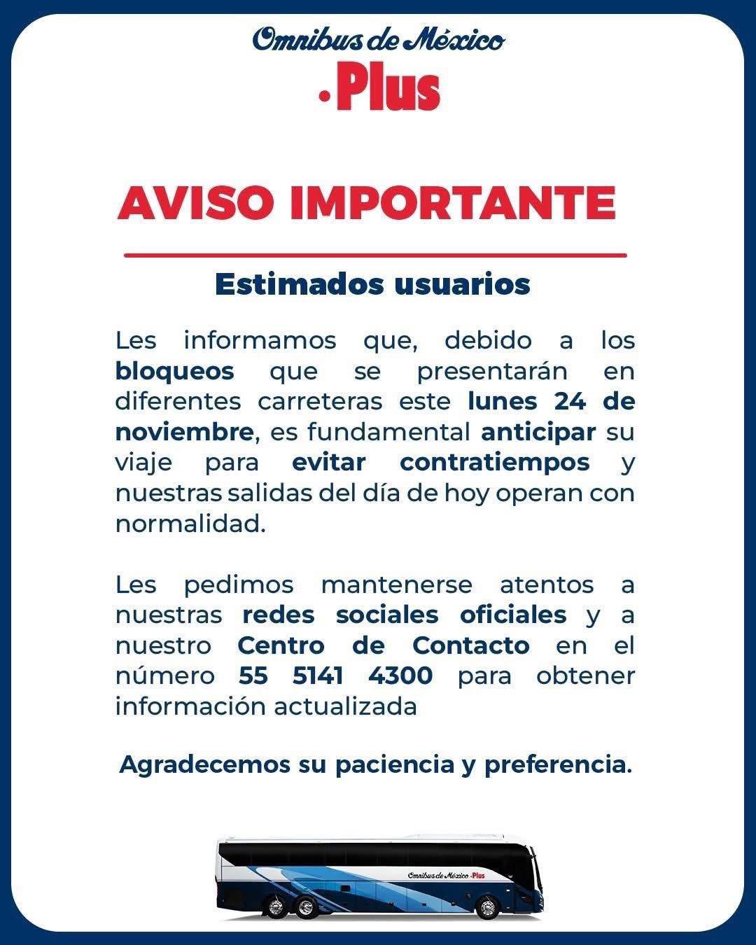 $!Advierten líneas de autobuses de bloqueos previstos para este lunes por protestas del sector agrícola y transportista