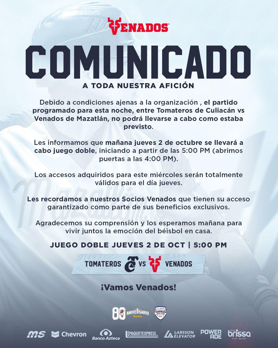 $!Posponen primer juego de la serie de pretemporada entre Venados y Tomateros