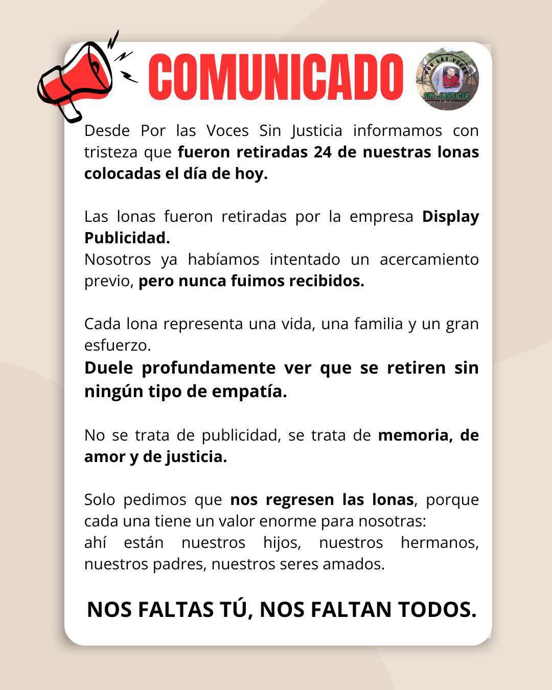 $!Nos retiraron las lonas, pero no nos vamos a quedar callados: colectivo ‘Por las voces sin justicia’