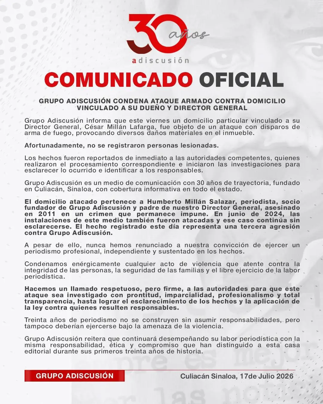 $!Grupo Adiscusión denuncia ataque armado contra domicilio vinculado a su director general; exige esclarecer los hechos