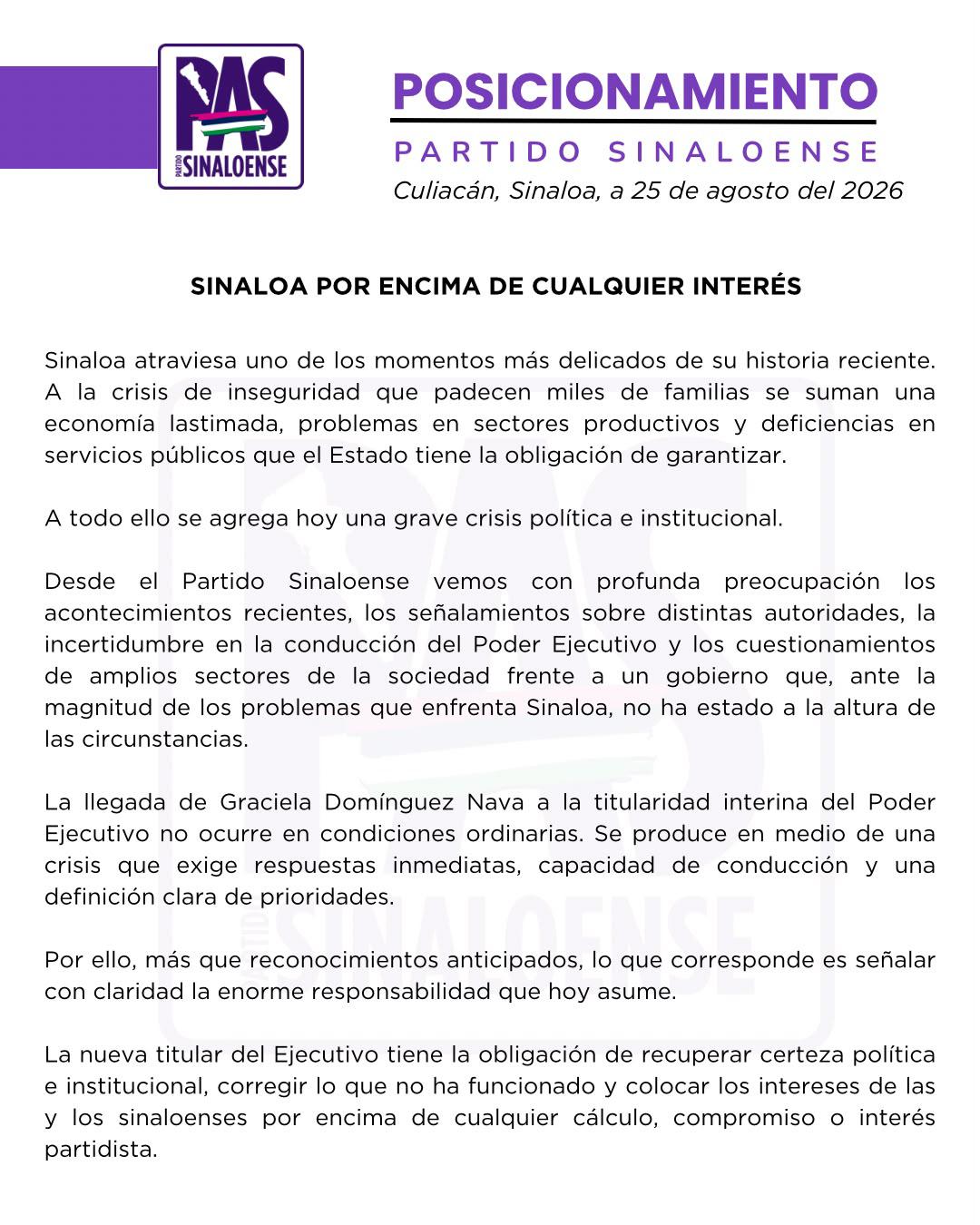 $!No basta un cambio de titular para resolver crisis en Sinaloa, advierte PAS
