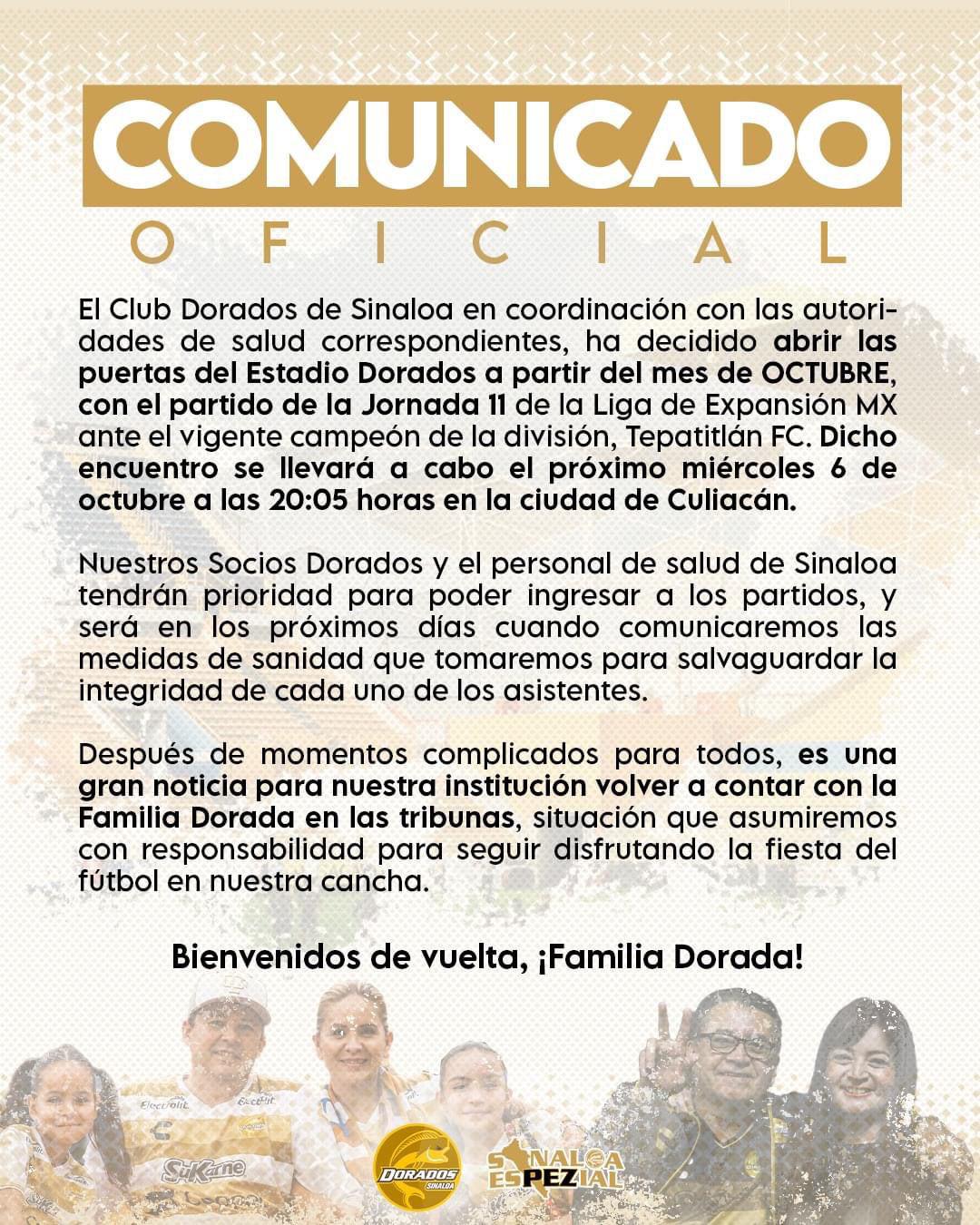 $!Dorados de Sinaloa abrirá su estadio a aficionados para el juego del próximo 6 de octubre