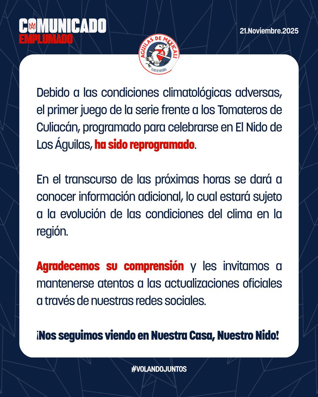 $!Por condiciones climáticas reprograman inicio de serie Águilas vs Tomateros en Mexicali