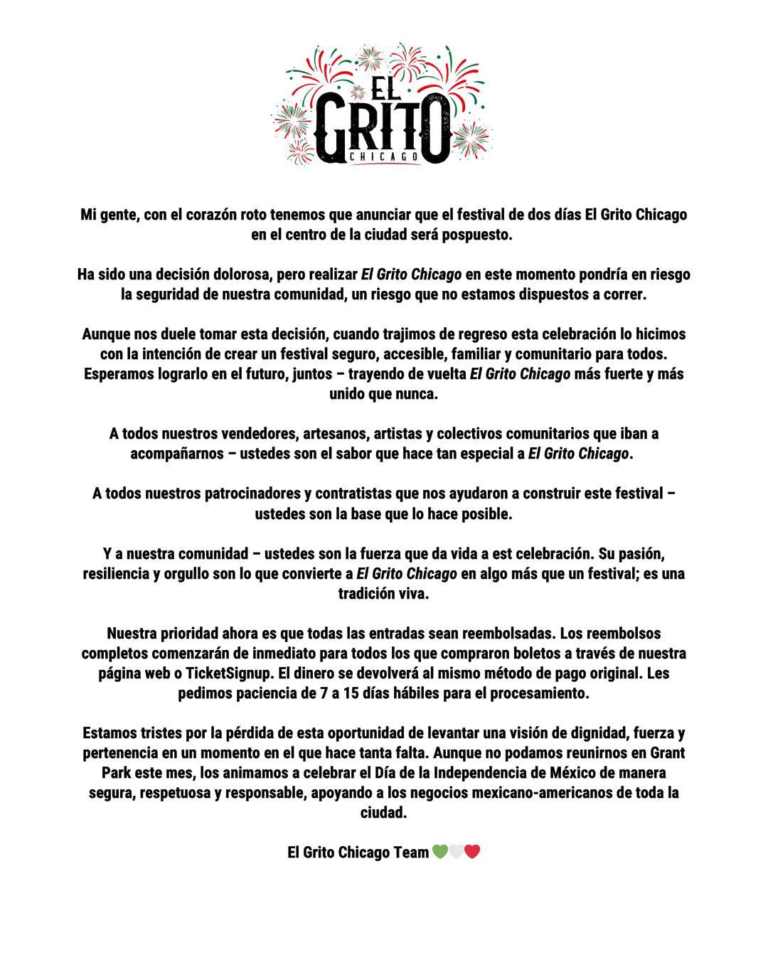 $!Cancelan celebración de ‘El Grito’ en Chicago ante posibles redadas migratorias