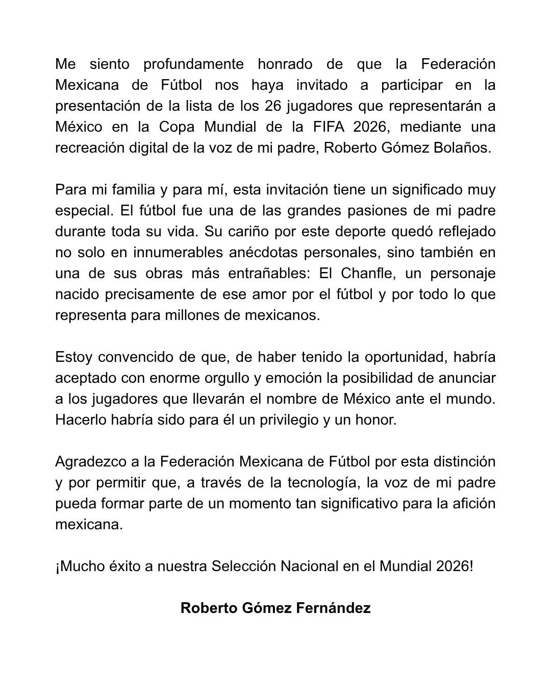$!Familia de Roberto Gómez Bolaños agradece la distinción de recrear la voz de Chespirito para el llamado de la FIFA.