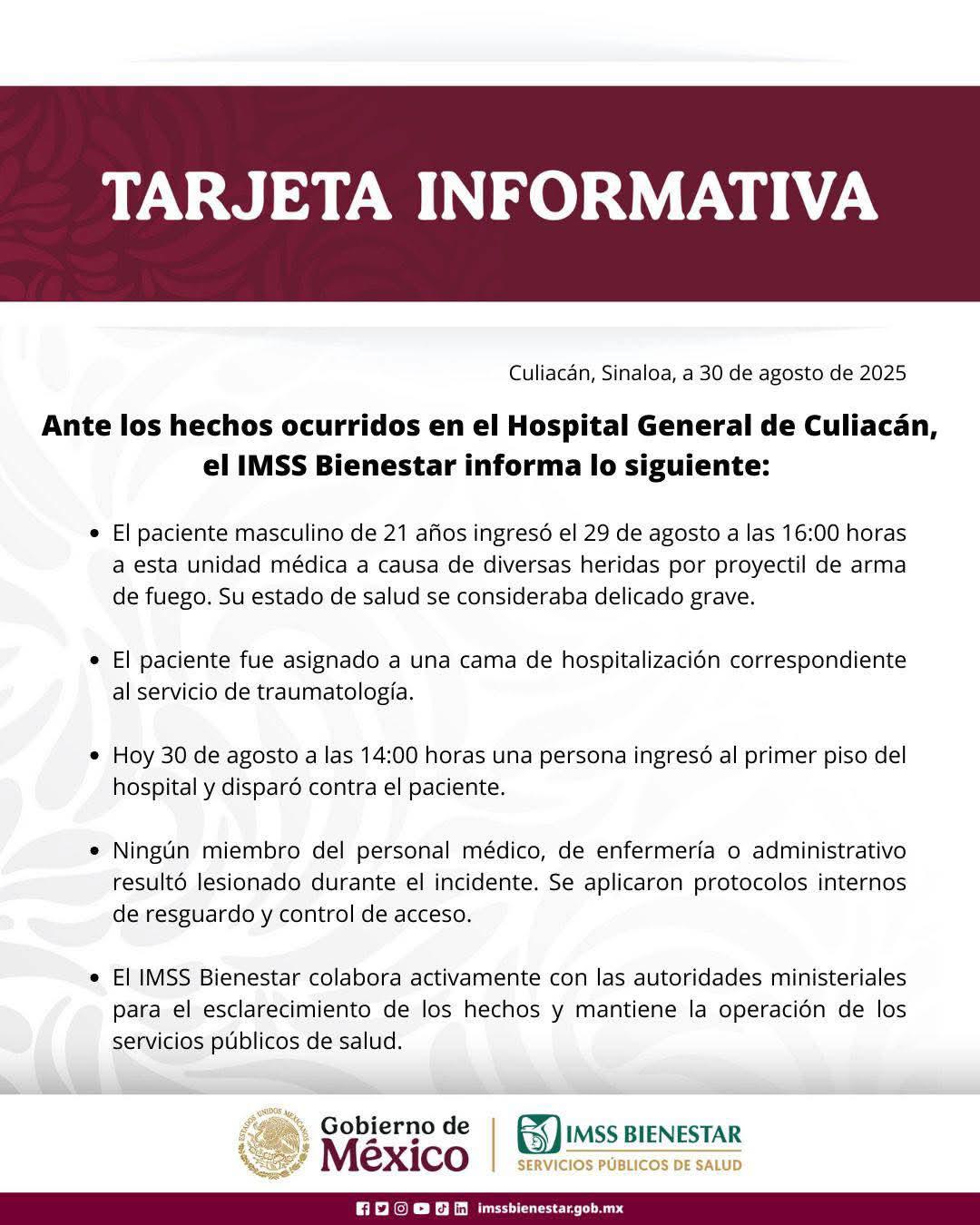 $!IMSS Bienestar colabora con autoridades tras asesinato dentro del HGC, asegura