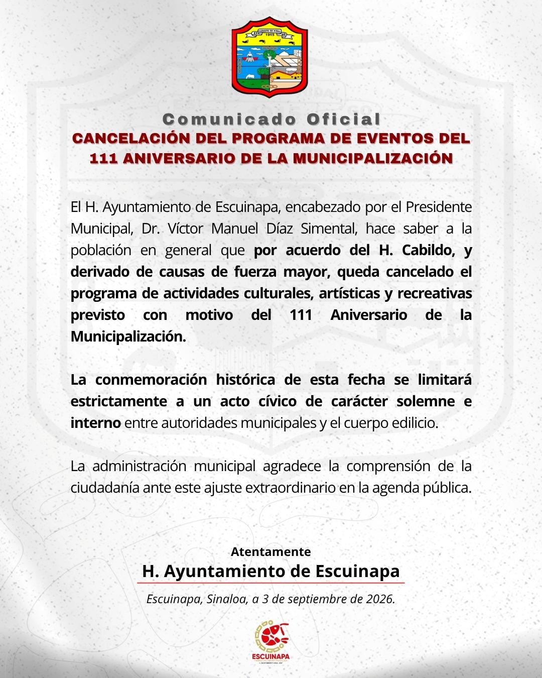 $!Cancela Escuinapa festejos por el 111 aniversario de municipalización