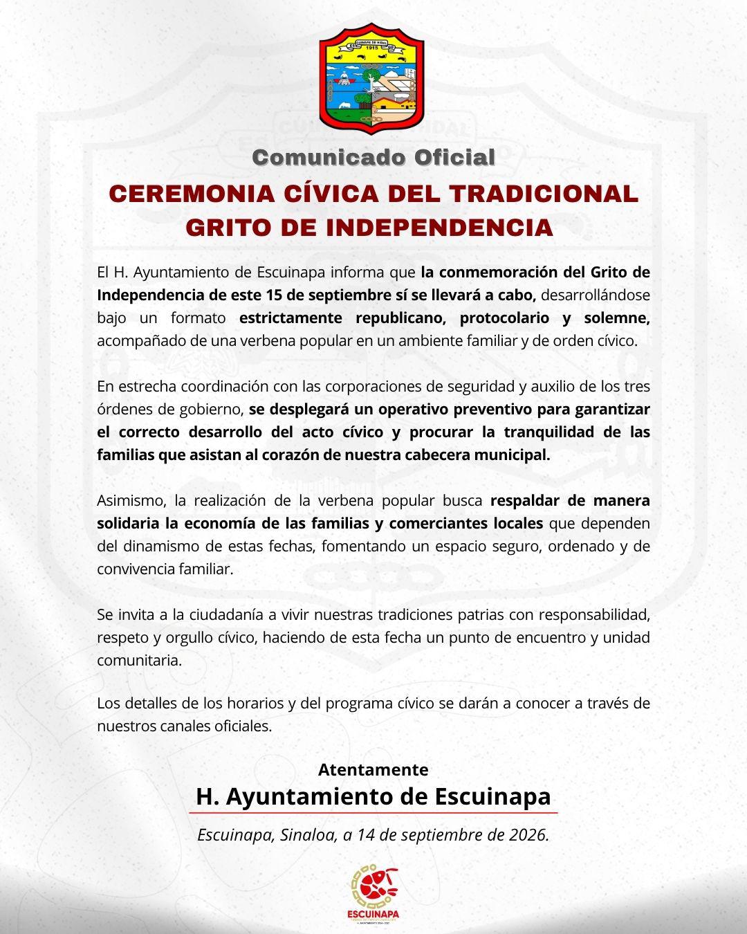 $!Confirma Ayuntamiento de Escuinapa celebración por Grito de Independencia y verbena