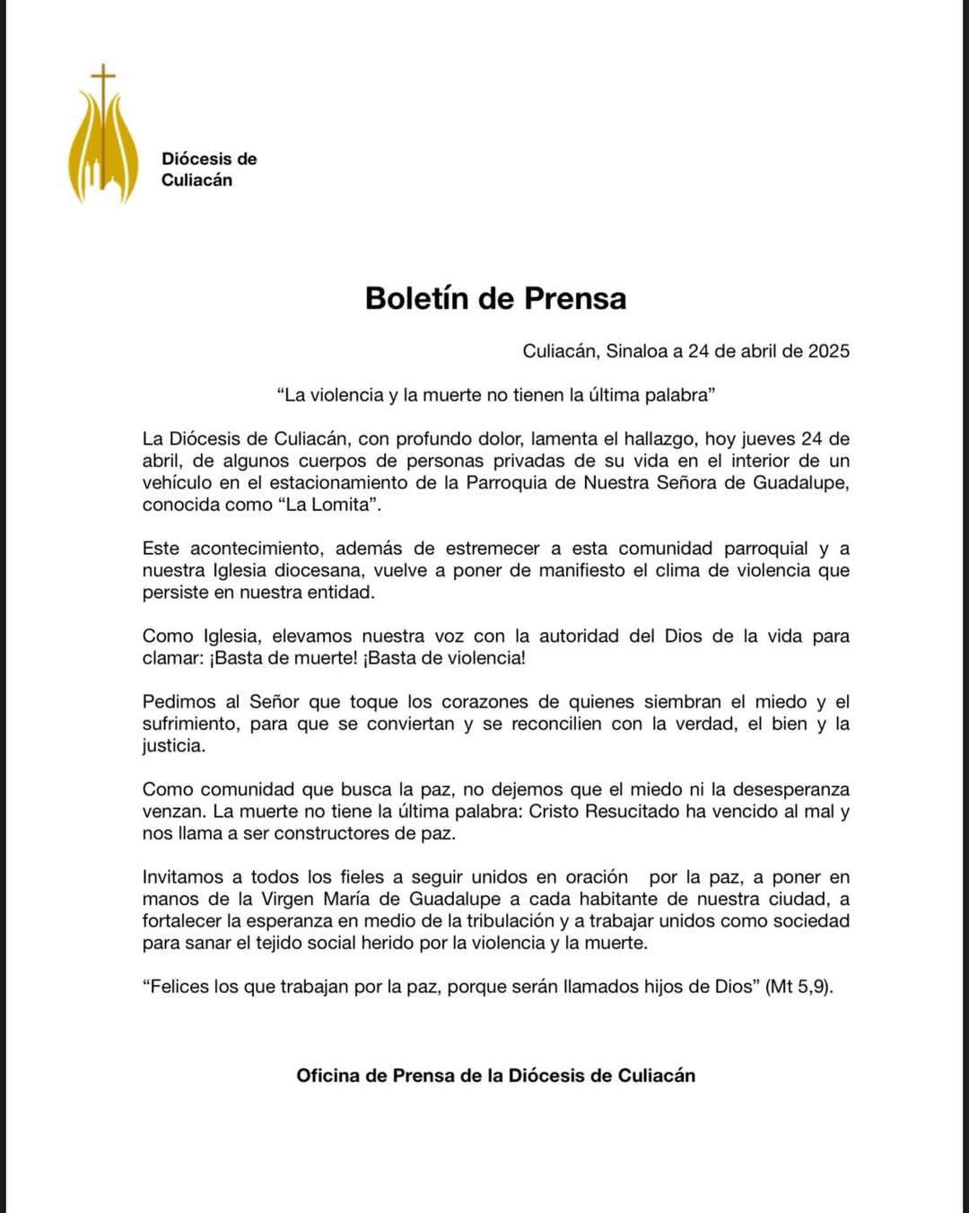 $!Condena Diócesis de Culiacán hallazgo de cuerpos en estacionamiento de La Lomita