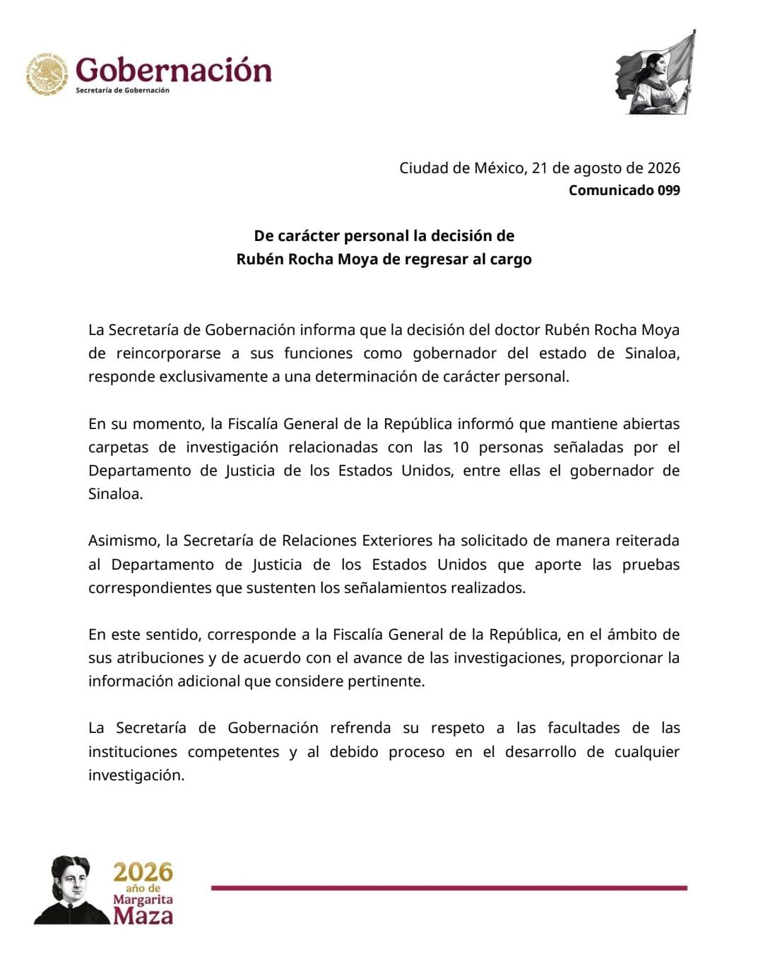 $!Se deslinda el Gobierno de Sheinbaum del regreso de Rocha