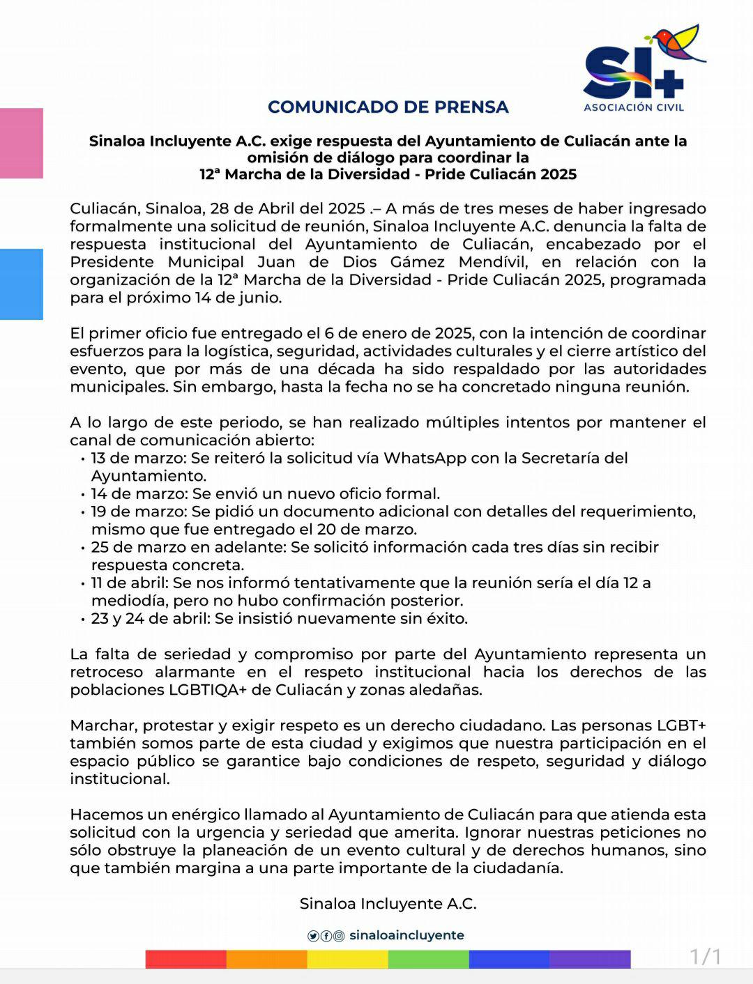 $!Ayuntamiento de Culiacán no ha atendido a organizadores de la Marcha de la Diversidad
