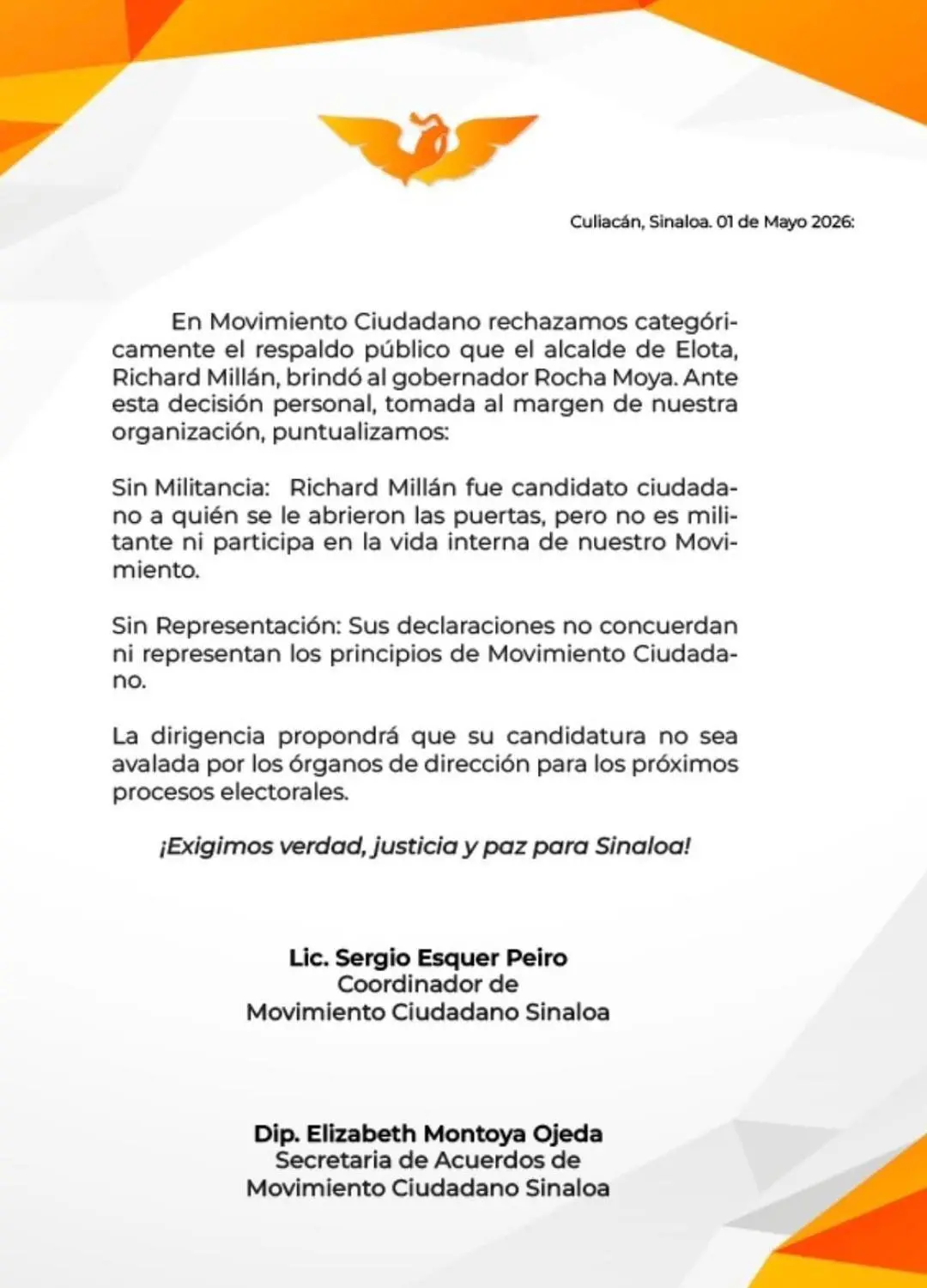$!Movimiento Ciudadano se deslinda de Alcalde de Elota por respaldo a Rocha Moya tras acusaciones de EU