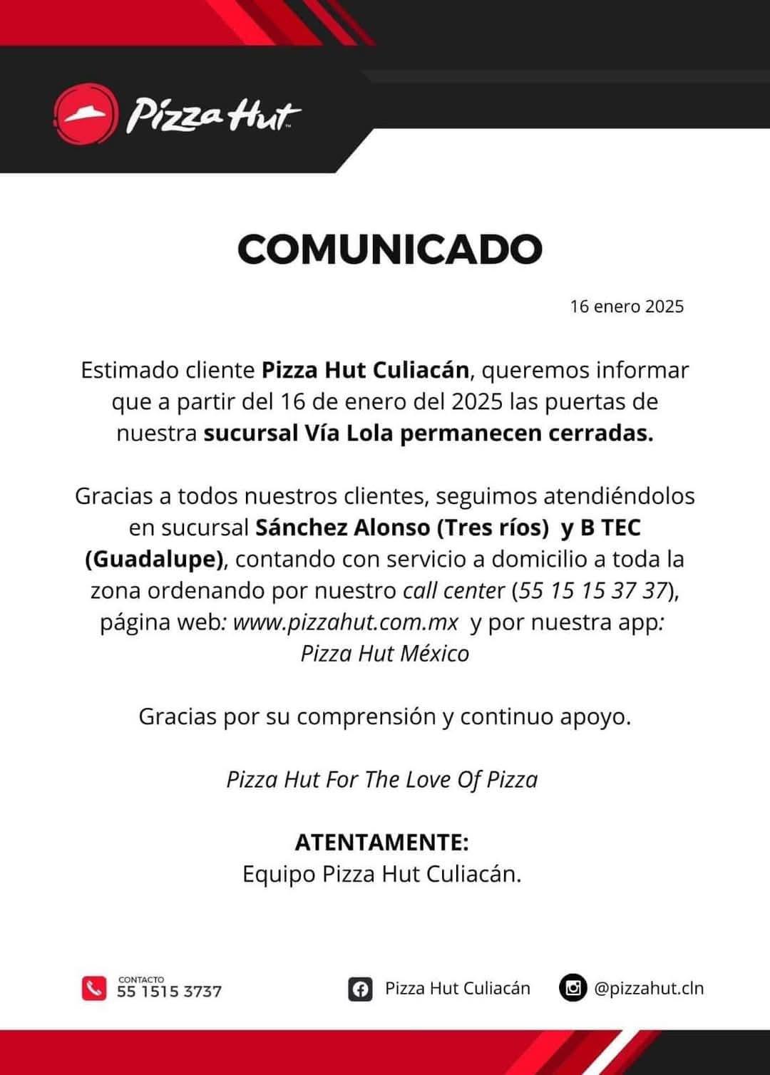 $!Pizza Hut cierra sucursal en Culiacán en medio de la ola de violencia