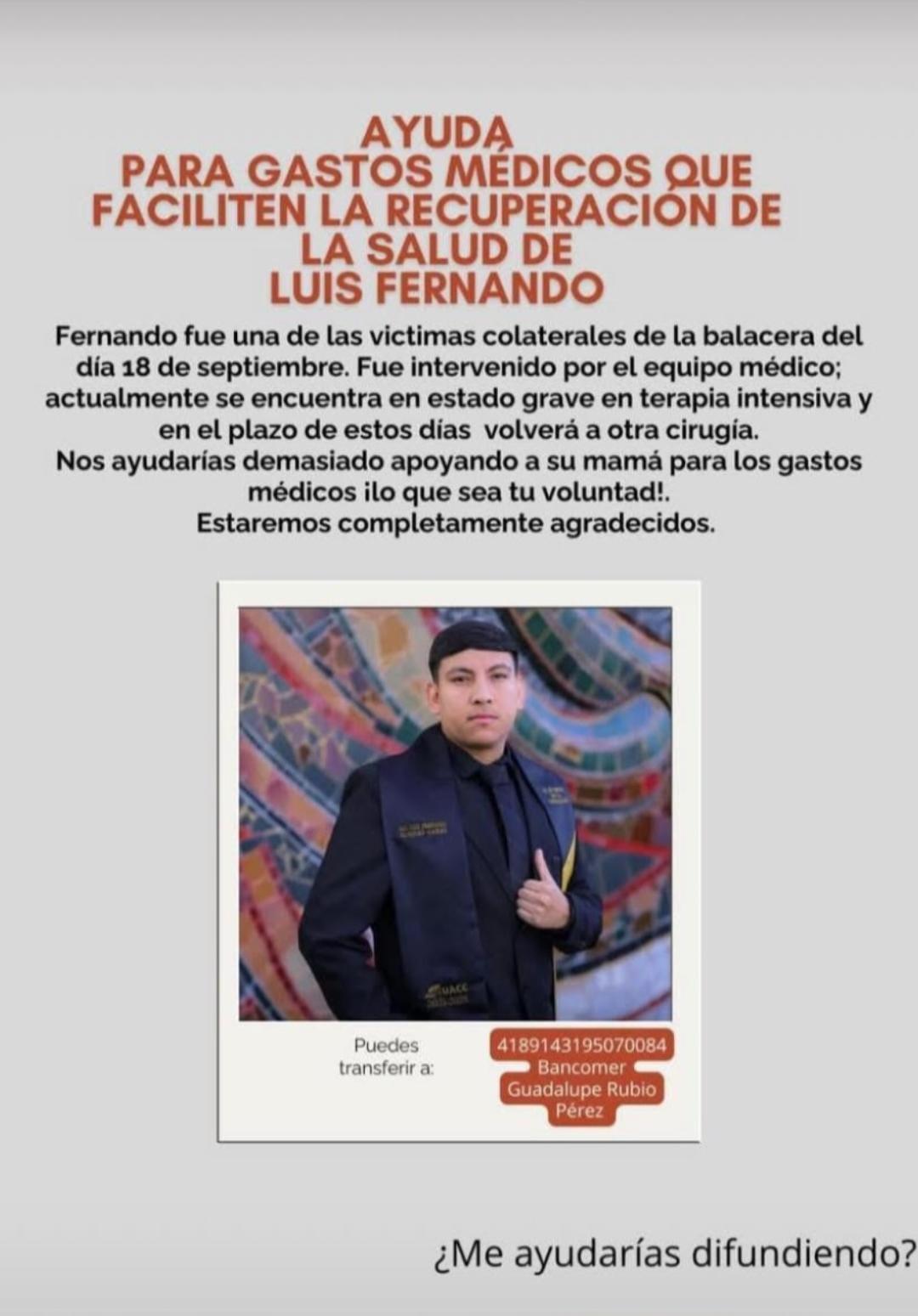 $!Familia pide apoyo para joven herido tras balacera en Villa Juárez, Navolato