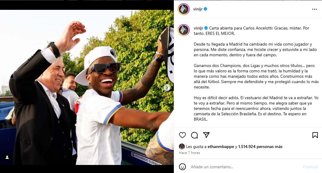 $!Vinícius Júnior se despide de Ancelotti con una emotiva carta