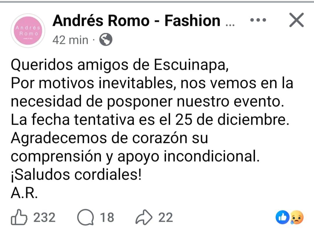 $!En sus redes sociales anunció la reprogramación del evento.