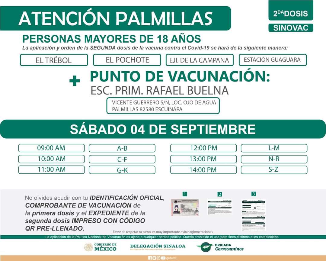 $!Del 3 al 5 de septiembre aplicarán segunda dosis de Sinovac a jóvenes de 18 a 29 años en Escuinapa y sus comunidades