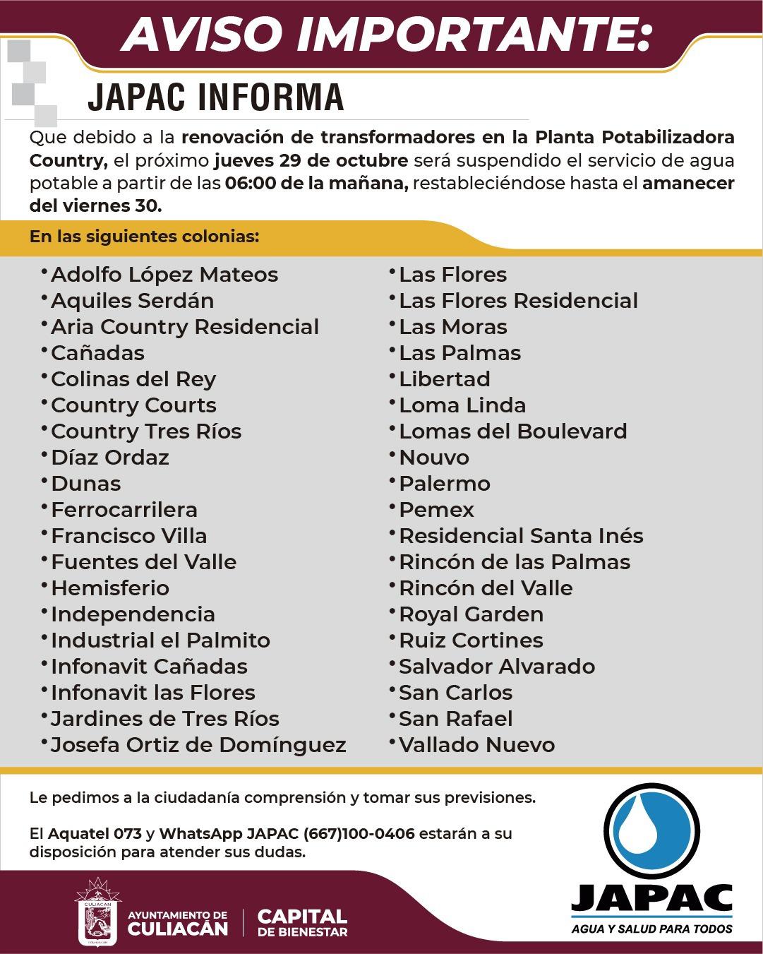 $!Anuncia JAPAC corte de agua en más de 30 colonias de Culiacán este jueves 29 de octubre