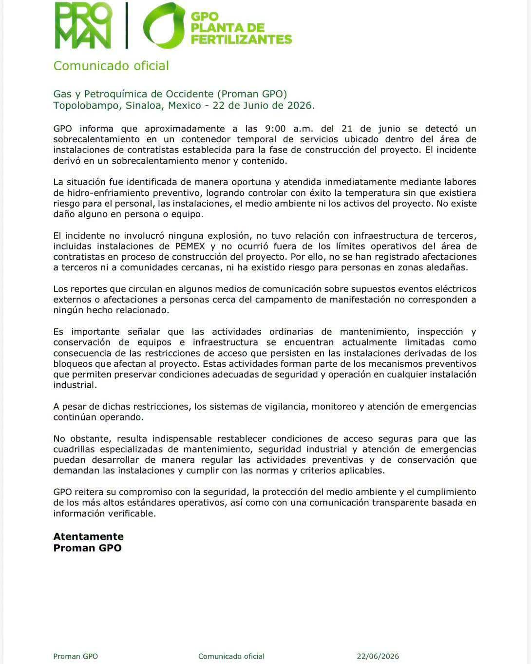 $!Descarta empresa explosión y aclara fue un incidente menor en un contenedor temporal sin registrar daños