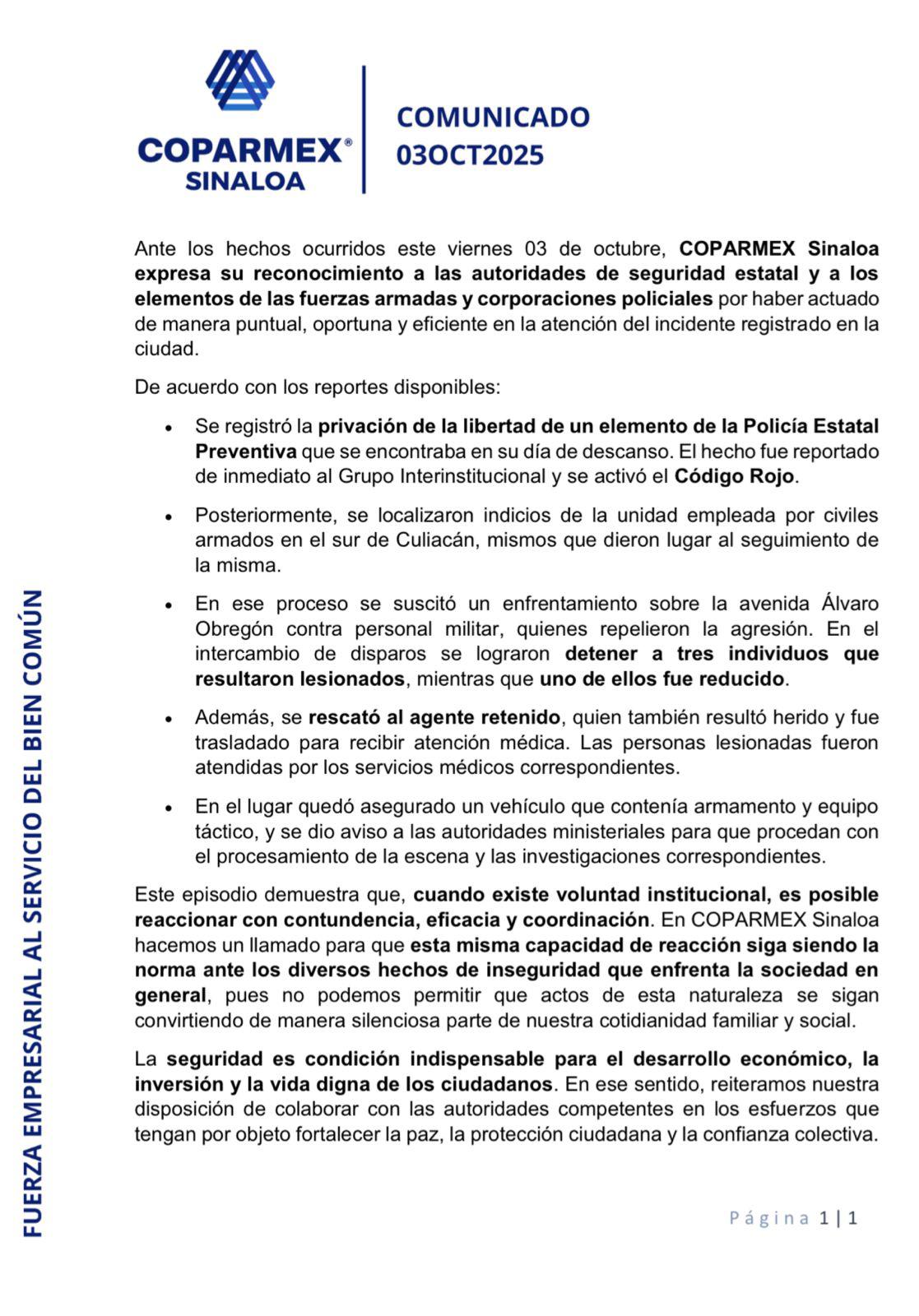 $!Coparmex Sinaloa reconoce a autoridades por rescate de policía estatal; llama a que esa coordinación sea norma