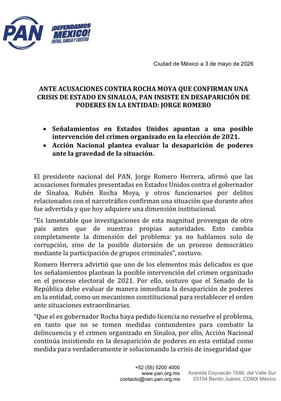 $!Sinaloa vive una crisis de Estado: PAN insiste en desaparición de poderes ante el Senado