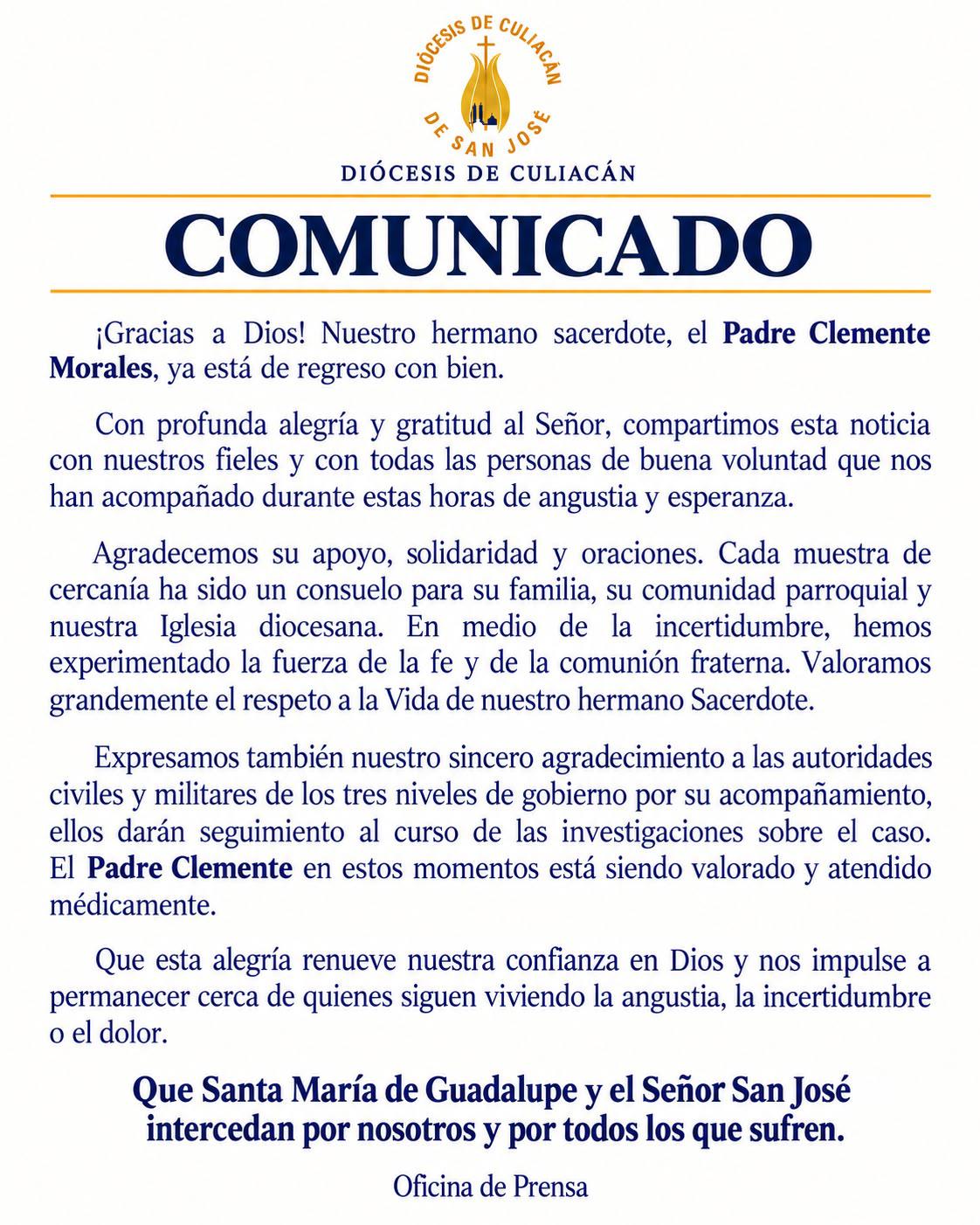 $!Diócesis de Culiacán agradece a autoridades tras localización del padre Clemente Morales