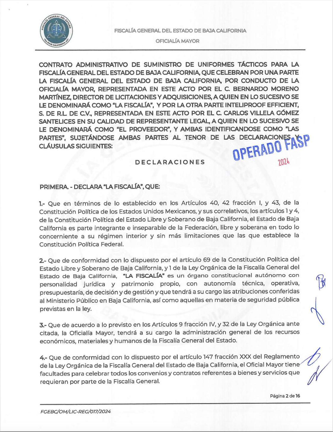 $!Este contrato de 2024 para la compra de uniformes tácticos de la Fiscalía estatal con recursos federales del FASP fue firmado por Carlos Villela Gómez Santelices, sancionado por la OFAC.