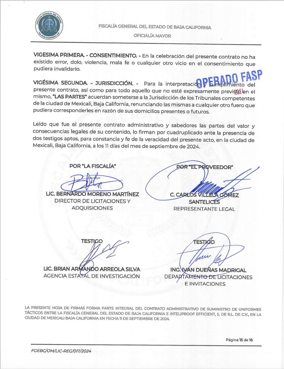 $!Este contrato de 2024 para la compra de uniformes tácticos de la Fiscalía estatal con recursos federales del FASP fue firmado por Carlos Villela Gómez Santelices, sancionado por la OFAC.
