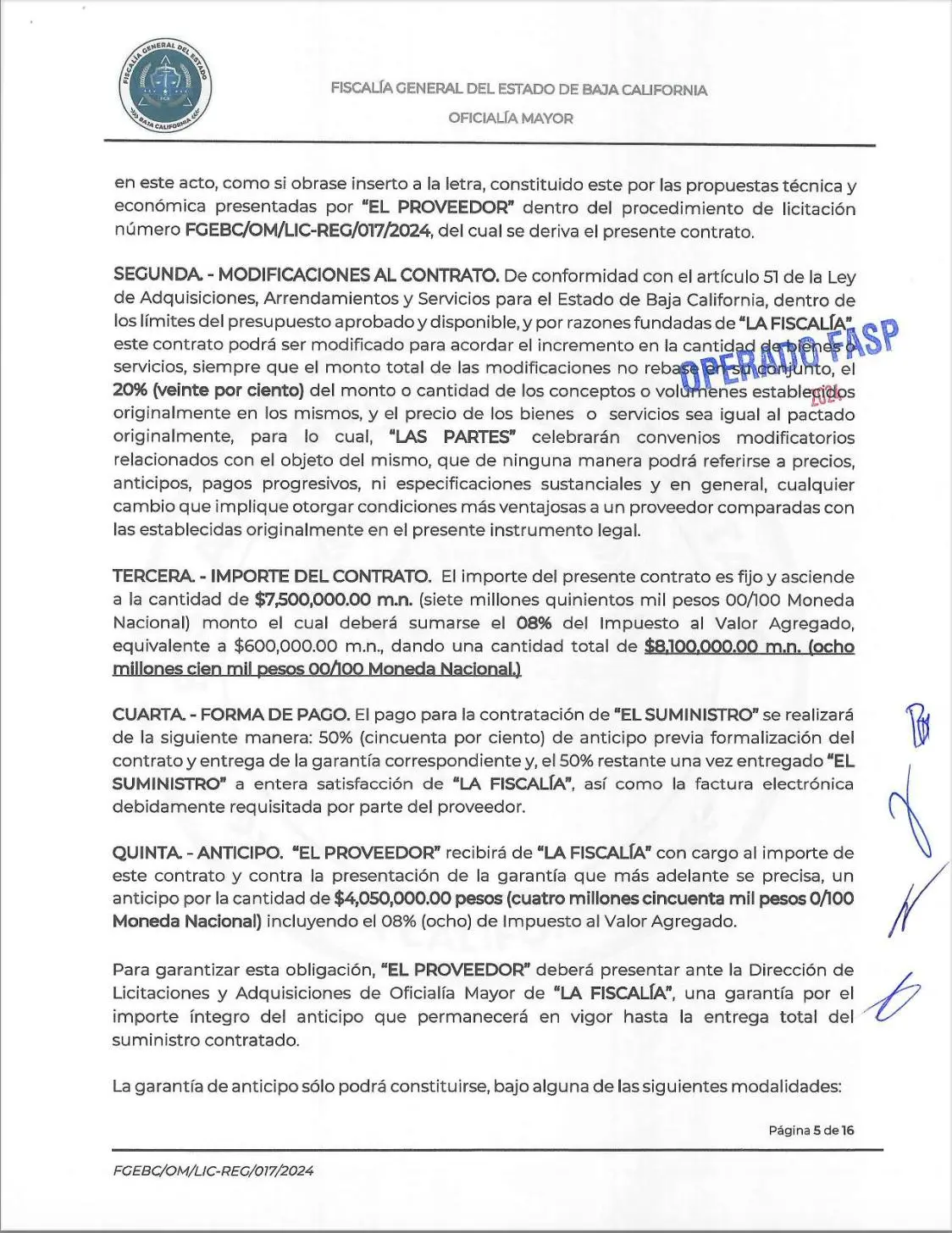 $!Este contrato de 2024 para la compra de uniformes tácticos de la Fiscalía estatal con recursos federales del FASP fue firmado por Carlos Villela Gómez Santelices, sancionado por la OFAC.