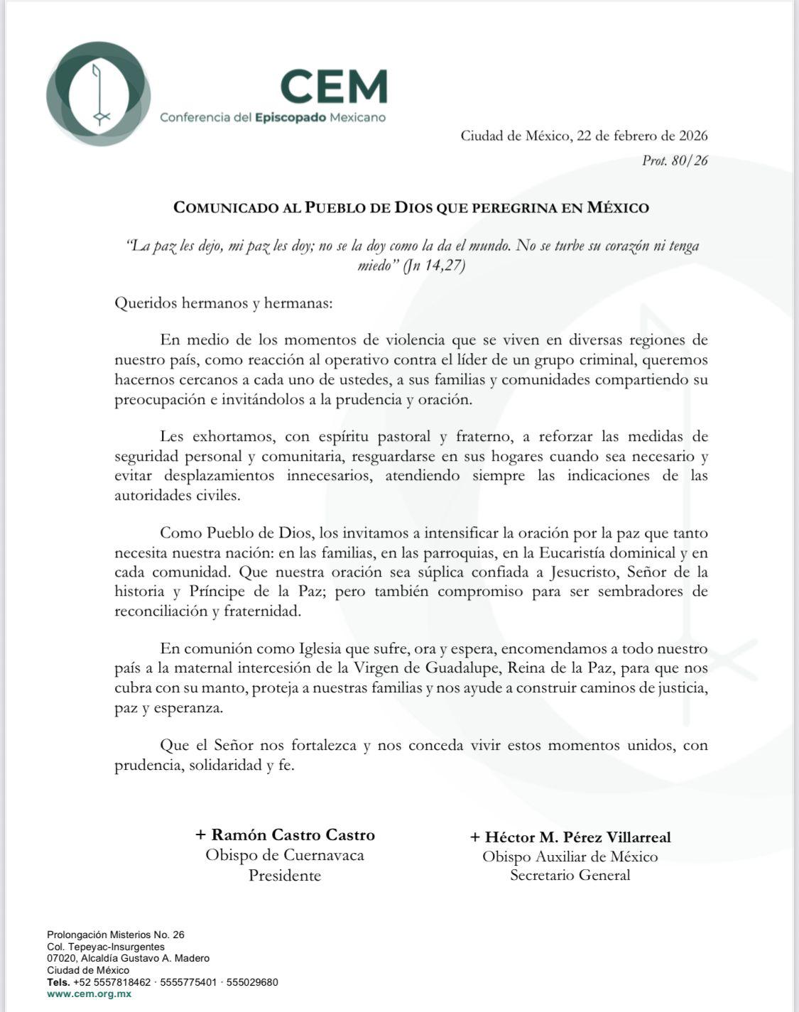 $!Llama Iglesia a la prudencia ante hechos de violencia; pide CEM resguardarse en sus hogares y evitar desplazamientos innecesarios