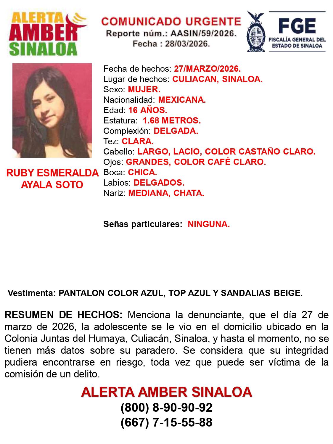 $!Activan Alerta Amber por la desaparición de Ruby Esmeralda en Culiacán