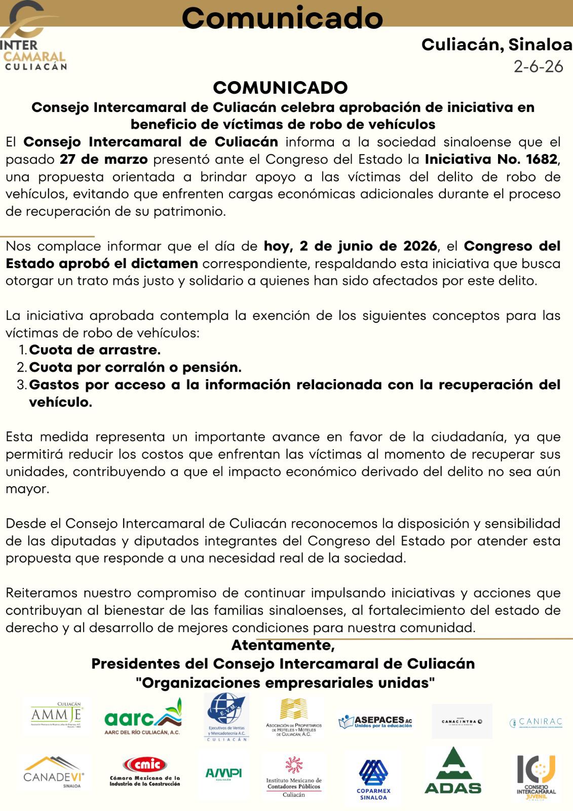 $!Celebran organismos empresariales de Culiacán dictamen que exenta a dueños de vehículos robados de pagos por recuperación