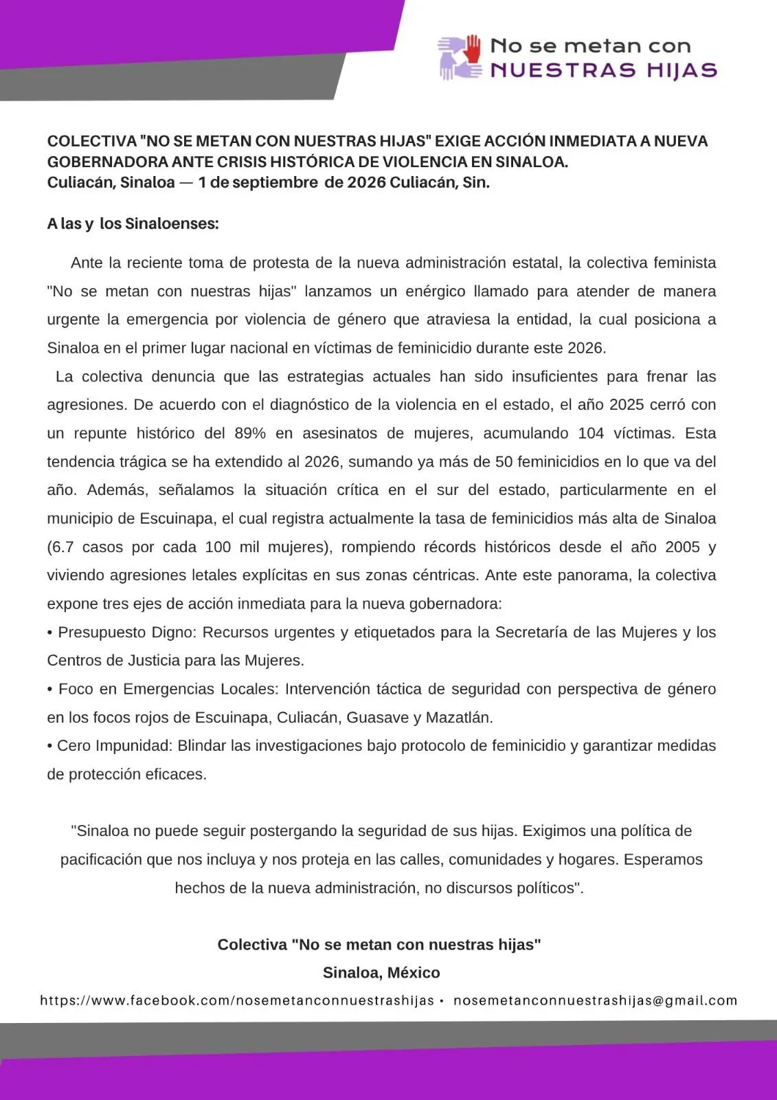 $!Exige colectiva acciones ante ‘crisis’ de violencia contra mujeres en Sinaloa