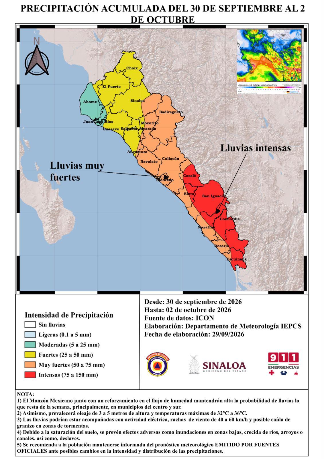$!Prevén lluvias intensas en siete municipios de Sinaloa hasta el 2 de octubre