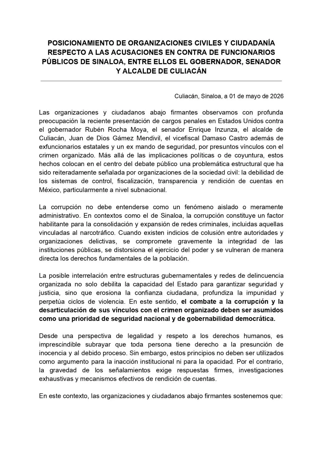 $!Urgen organizaciones civiles indagar a fondo acusaciones contra Rocha y funcionarios