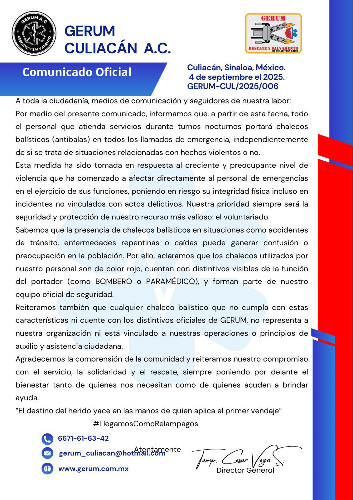 $!Voluntarios de GERUM Culiacán usarán chalecos balísticos ante aumento de violencia