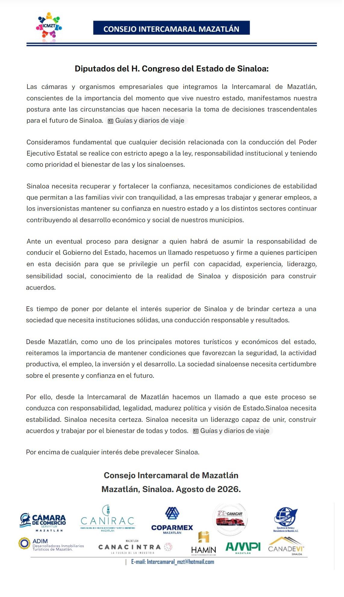 $!Solicita Intercamaral Mazatlán que cualquier decisión sobre conducción del Poder Ejecutivo Estatal se realice conforme a la ley