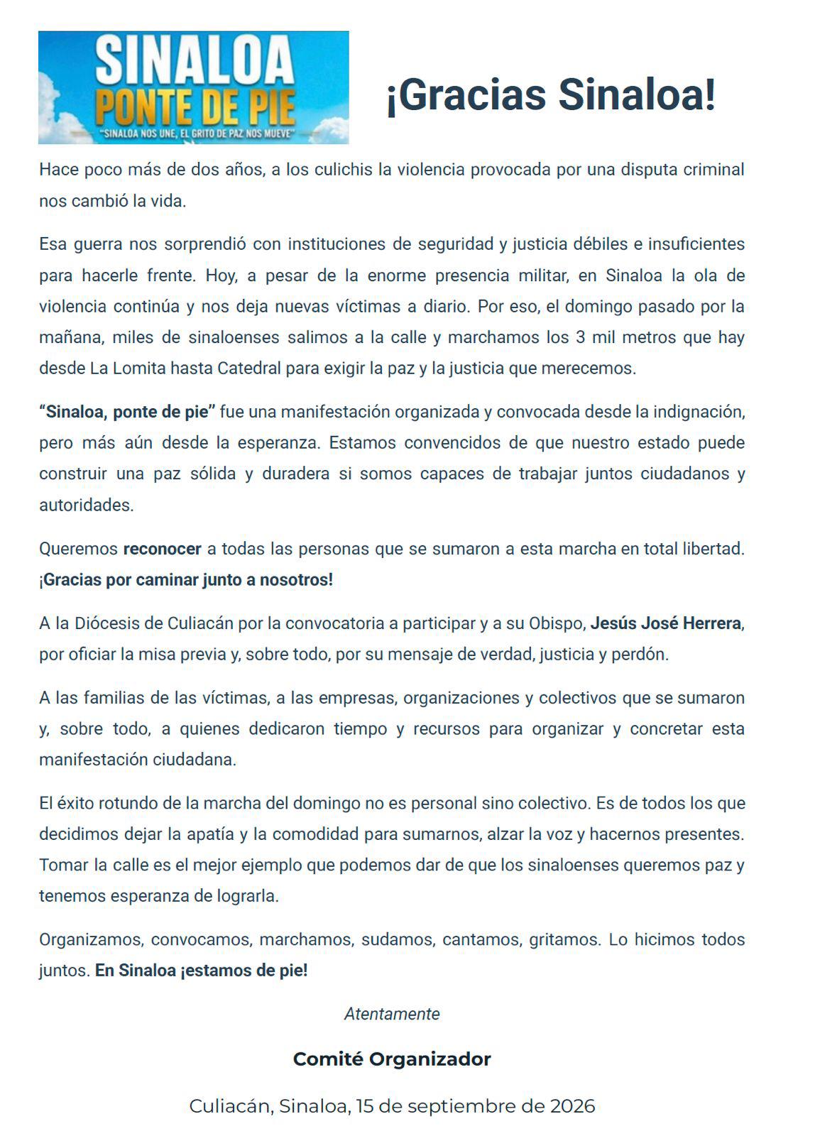 $!Agradece Comité Organizador de ‘Sinaloa, Ponte de Pie’ participación en marcha por la paz