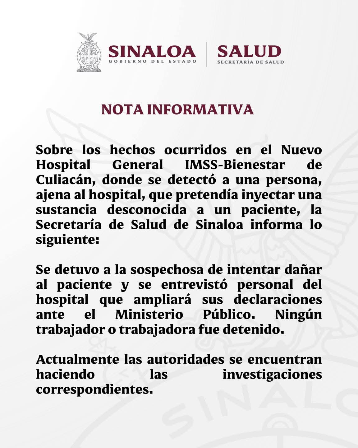 $!Secretaría de Salud aclara que mujer detenida en Hospital General no es trabajadora y colabora en investigaciones