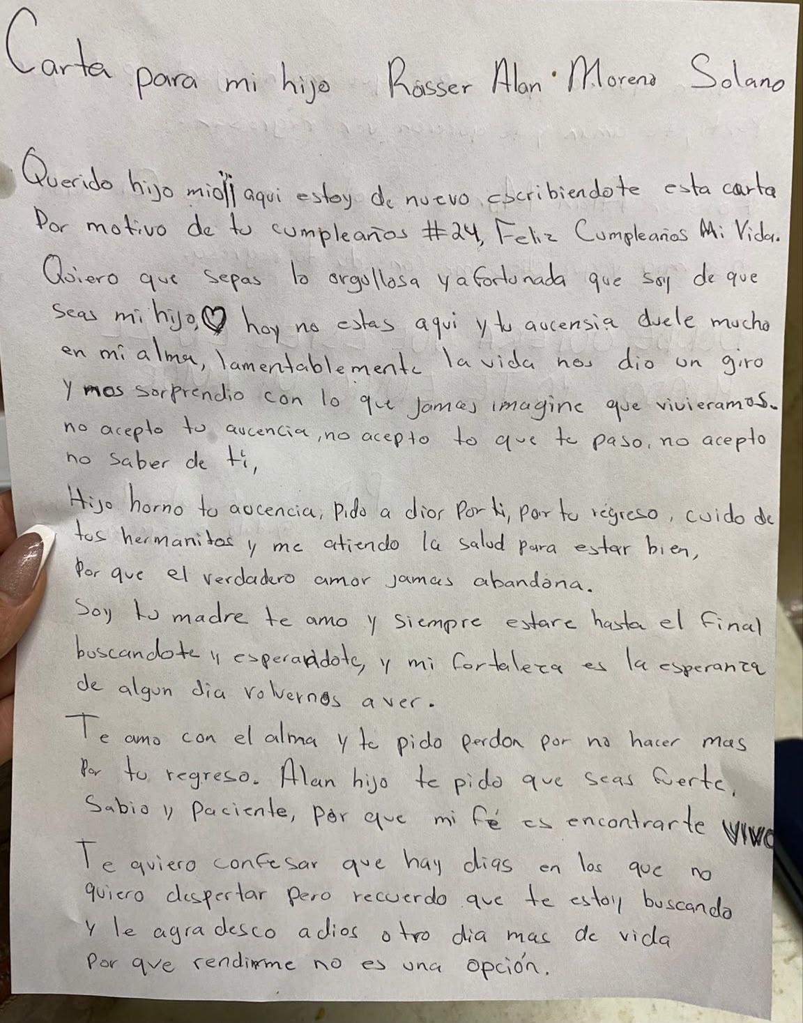 $!En el día de su cumpleaños, Aracely dedica carta a Roisser Alan su hijo desaparecido